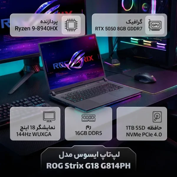 لپ تاپ 18 اینچی ایسوس مدل ROG Strix G18 G814PH-Ryzen 9 8940HX-RTX5050 8GB-48GB DDR5 5600MHz-1TB SSD-WUXGA 144Hz-W – کاستوم شده